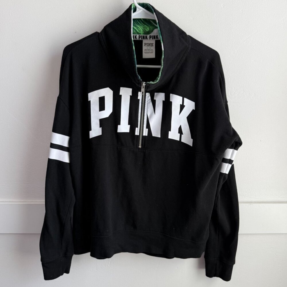 Victoria's Secret Pink Black & Palm Leaf Quarter Zip Sweatshirt
